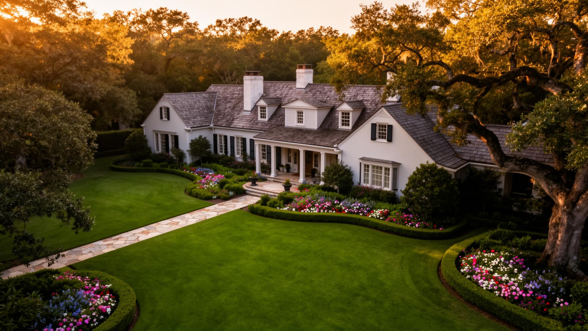 Beautifully landscaped Southern home at golden hour